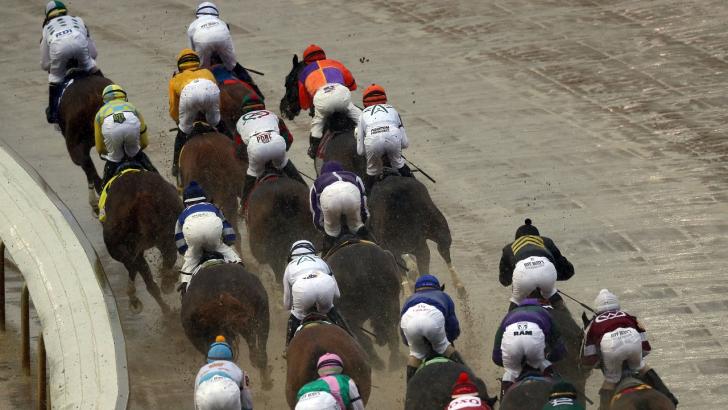 Horses race on dirt